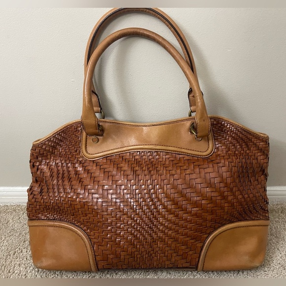 Vintage Cole Haan basket weave Tan Woven Leather Tote boho chic coastal - Picture 1 of 16